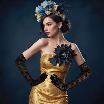 Lusofie Lace Gloves Women Long Elegant Black Tea Party Gloves 1920s Engagement Dress Party Dance Cocktail Party Opera Performance Mittens Formal Gloves (Black)