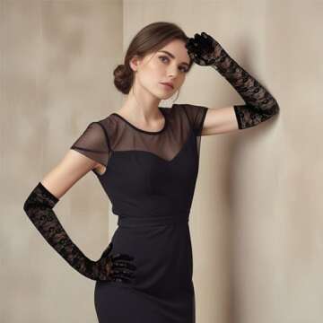 Lusofie Lace Gloves Women Long Elegant Black Tea Party Gloves 1920s Engagement Dress Party Dance Cocktail Party Opera Performance Mittens Formal Gloves (Black)