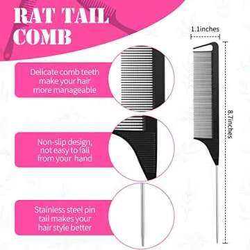 Patelai Hair Comb Set, 8 Pieces Rat Tail Combs, Teasing Combs, and Hand-held Alligator Clips, Carbon Fiber & Metal, for Hair Stylist, Braiding, Hair Women Girls, Daily Use