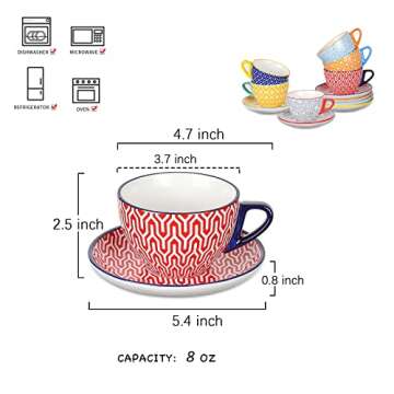 Selamica Ceramic 8 oz Cappuccino Cup Set with Saucers, Espresso Coffee Cups, Latte Macchiato for Par...