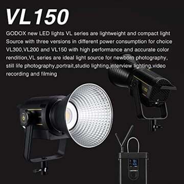 Godox VL150 LED Video Light, 150W 5600K Bowens Mount Continuous Video Light,CRI 96 TLCI 95, 61000Lux@1m, 0-100% Dimming, Bluetooth and Wireless Radio Remote, with V-Mount Plate Controller Box