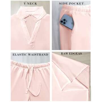 Ainangua Casual 2 Piece Sets for Women V Neck Long Sleeve Tops Wide Leg Pants Workout Outfits Fashion Carmel Travel Set(Light-Pink,S)