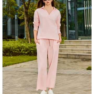 Ainangua Casual 2 Piece Sets for Women V Neck Long Sleeve Tops Wide Leg Pants Workout Outfits Fashion Carmel Travel Set(Light-Pink,S)