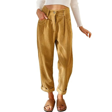 Womens Corduroy Pants Casual High Waisted Straight Leg Vintage Trousers for Women with Pockets (Khak...