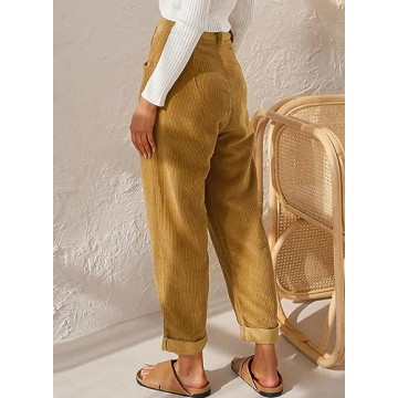 Womens Corduroy Pants Casual High Waisted Straight Leg Vintage Trousers for Women with Pockets (Khaki US 14)