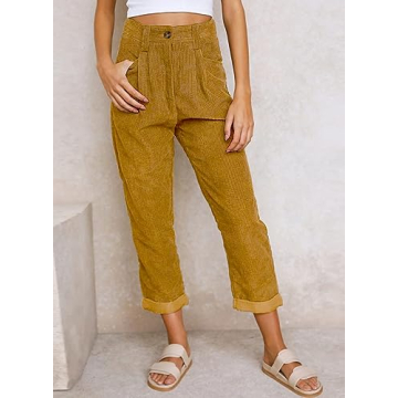 Womens Corduroy Pants Casual High Waisted Straight Leg Vintage Trousers for Women with Pockets (Khaki US 14)