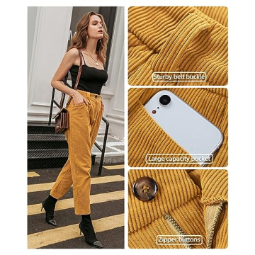 Womens Corduroy Pants Casual High Waisted Straight Leg Vintage Trousers for Women with Pockets (Khaki US 14)