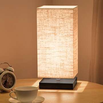 ZEEFO Simple Table Lamp, Retro Solid Wood and Fabric Shade Style Relax Lighting for Bedroom Bedside Desk Lamp, Contemporary Living Room, Study, Cafe, Baby Room (Not Battery Powered)