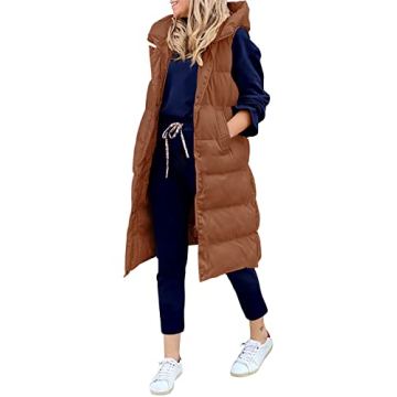 Stylish LEANI Women's Long Hooded Puffer Vest in Brown