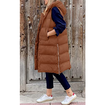 Stylish LEANI Women's Long Hooded Puffer Vest in Brown