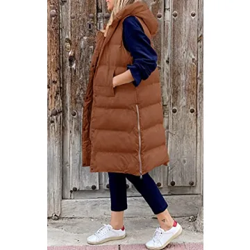 Stylish LEANI Women's Long Hooded Puffer Vest in Brown