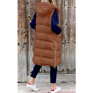 Stylish LEANI Women's Long Hooded Puffer Vest in Brown
