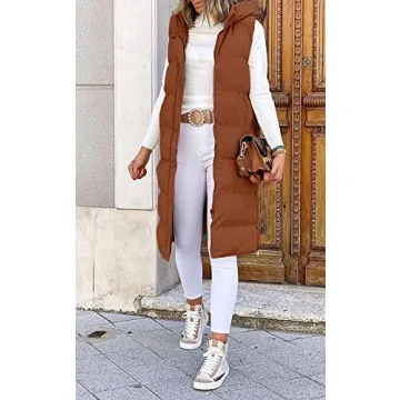 Stylish LEANI Women's Long Hooded Puffer Vest in Brown
