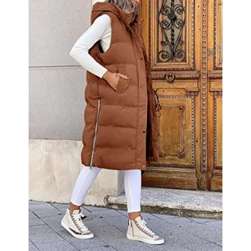 Stylish LEANI Women's Long Hooded Puffer Vest in Brown