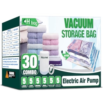 HIBAG Vacuum Storage Bags with Electric Pump 30 Pack - Ultimate Space Saver for Clothes and Bedding