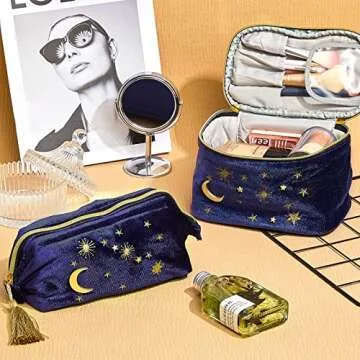 Patelai 2 Pcs Velvet Stars Makeup Bag Cosmetic Bag Handy Travel Starry Makeup Pouch Portable Embroidered Pouch Toiletry Wash Bag Cute Storage Bag Clutch Handbags(Navy,Sun Moon)