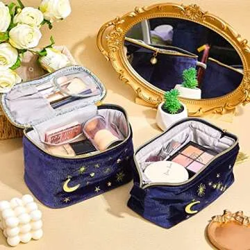 Patelai 2 Pcs Velvet Stars Makeup Bag Cosmetic Bag Handy Travel Starry Makeup Pouch Portable Embroidered Pouch Toiletry Wash Bag Cute Storage Bag Clutch Handbags(Navy,Sun Moon)