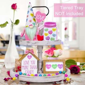 Tifeson Valentines Day Decor,5 PCS Valentines Tiered Tray Decor Set - Valentine Gnome Plush,Candy Heart Themed Wooden Signs,Bead Garland,Rustic Farmhouse Valentines Conversation Hearts Decorations
