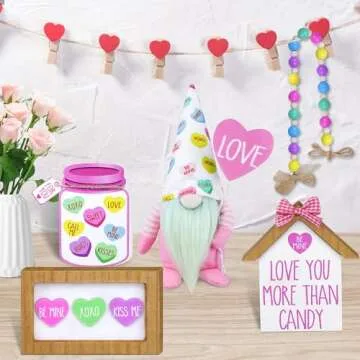 Tifeson Valentines Day Decor,5 PCS Valentines Tiered Tray Decor Set - Valentine Gnome Plush,Candy Heart Themed Wooden Signs,Bead Garland,Rustic Farmhouse Valentines Conversation Hearts Decorations