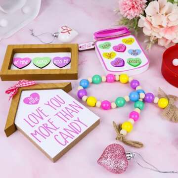 Tifeson Valentines Day Decor,5 PCS Valentines Tiered Tray Decor Set - Valentine Gnome Plush,Candy Heart Themed Wooden Signs,Bead Garland,Rustic Farmhouse Valentines Conversation Hearts Decorations