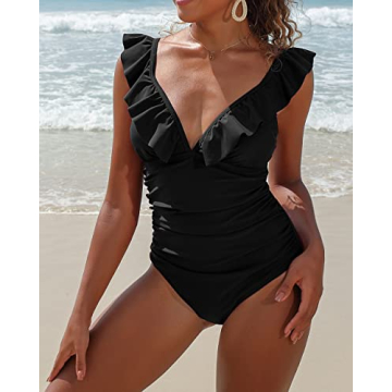 SOCIALA Ruffle One Piece Swimsuits Women V Neck Tummy Control Ruched Bathing Suits Cheeky High Cut Monokini Swimwear Black XL