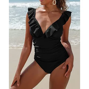SOCIALA Ruffle One Piece Swimsuits Women V Neck Tummy Control Ruched Bathing Suits Cheeky High Cut Monokini Swimwear Black XL