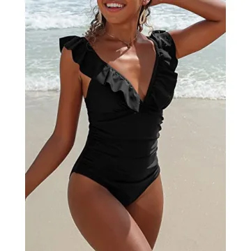 SOCIALA Ruffle One Piece Swimsuits Women V Neck Tummy Control Ruched Bathing Suits Cheeky High Cut Monokini Swimwear Black XL