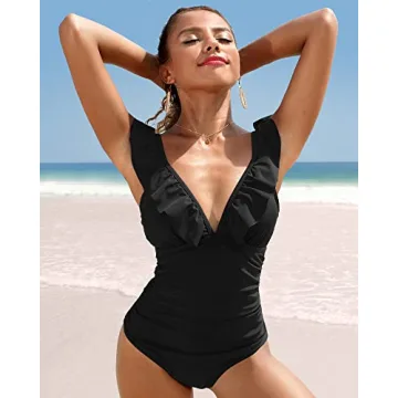 SOCIALA Ruffle One Piece Swimsuits Women V Neck Tummy Control Ruched Bathing Suits Cheeky High Cut Monokini Swimwear Black XL