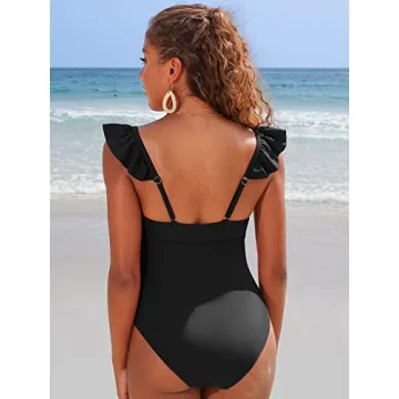 SOCIALA Ruffle One Piece Swimsuits Women V Neck Tummy Control Ruched Bathing Suits Cheeky High Cut Monokini Swimwear Black XL