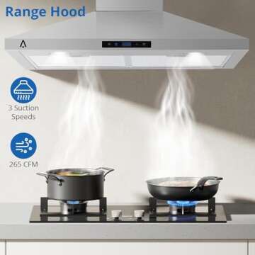 Range Hood 30 Inch, Kitchen Hood 265 CFM, Stainless Steel Vent Hood With Touch Control, Stove Hood W...