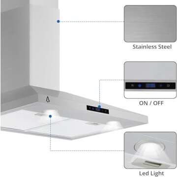 Range Hood 30 Inch, Kitchen Hood 265 CFM, Stainless Steel Vent Hood With Touch Control, Stove Hood With 3-Speed Exhaust Fan, Adjustable Chimney & LED Light, Silver