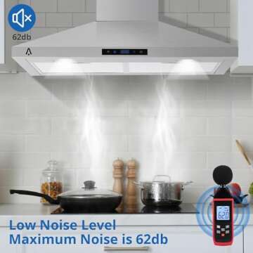 Range Hood 30 Inch, Kitchen Hood 265 CFM, Stainless Steel Vent Hood With Touch Control, Stove Hood With 3-Speed Exhaust Fan, Adjustable Chimney & LED Light, Silver