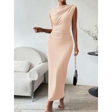 Womens Formal Long Dresses Elegant Ruched Bodycon Sleeveless Boat Neck Maxi Dress with Slit Wedding Guest Cocktail Party Beige L