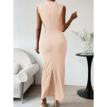 Womens Formal Long Dresses Elegant Ruched Bodycon Sleeveless Boat Neck Maxi Dress with Slit Wedding Guest Cocktail Party Beige L