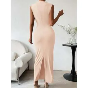 Womens Formal Long Dresses Elegant Ruched Bodycon Sleeveless Boat Neck Maxi Dress with Slit Wedding Guest Cocktail Party Beige L