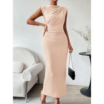 Womens Formal Long Dresses Elegant Ruched Bodycon Sleeveless Boat Neck Maxi Dress with Slit Wedding Guest Cocktail Party Beige L