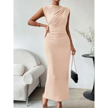 Womens Formal Long Dresses Elegant Ruched Bodycon Sleeveless Boat Neck Maxi Dress with Slit Wedding Guest Cocktail Party Beige L