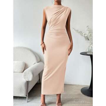Womens Formal Long Dresses Elegant Ruched Bodycon Sleeveless Boat Neck Maxi Dress with Slit Wedding Guest Cocktail Party Beige L