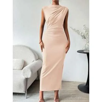 Womens Formal Long Dresses Elegant Ruched Bodycon Sleeveless Boat Neck Maxi Dress with Slit Wedding Guest Cocktail Party Beige L