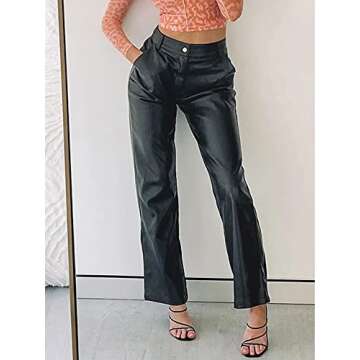 Shuyun Women Faux Leather Pants Solid Color High Waist Straight Wide Leg Leggings Slim Fit Trousers Vintage Streetwear (C-Black, L)