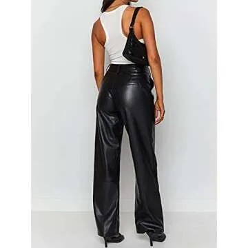Shuyun Women Faux Leather Pants Solid Color High Waist Straight Wide Leg Leggings Slim Fit Trousers Vintage Streetwear (C-Black, L)