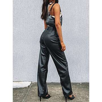 Shuyun Women Faux Leather Pants Solid Color High Waist Straight Wide Leg Leggings Slim Fit Trousers Vintage Streetwear (C-Black, L)