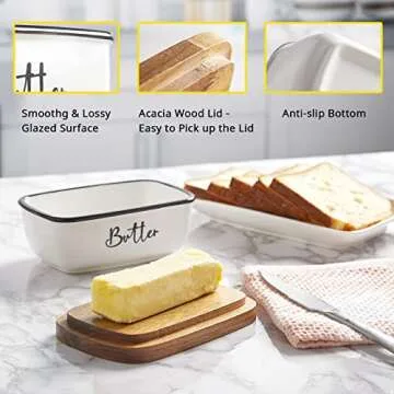 Stylish Wooden Lid Ceramic Butter Dish for Kitchen Decor