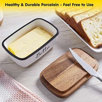 Butter Dish with Lid, ALELION Large Ceramic Butter Dish with Lid for Countertop, Butter Keeper with Thick Acacia Wood Lid, Kitchen Decor and Accessories for Kitchen Gifts, White