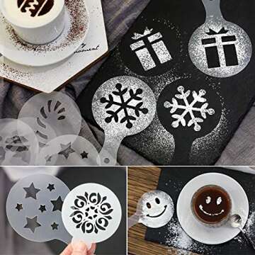 36 Coffee Decorating Stencils + 2 Stainless Steel Mesh Powder Shaker, Magnoloran Foam Latte Art Sten...
