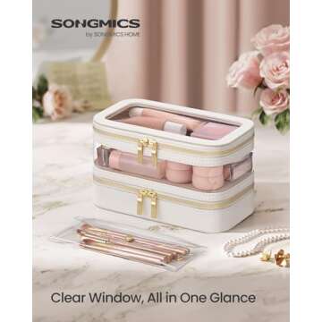 SONGMICS Makeup Bag with Mirror, with Jewelry Storage, Travel Makeup Bag, with Separate Brush Storag...