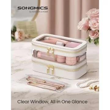 SONGMICS Makeup Bag with Mirror, with Jewelry Storage, Travel Makeup Bag, with Separate Brush Storag...