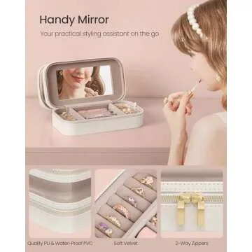 SONGMICS Makeup Bag with Mirror, with Jewelry Storage, Travel Makeup Bag, with Separate Brush Storage Pouch, Transparent Window, 8.7 x 4.7 x 4.7 Inches, Gift Idea, Cloud White UJKA026W01