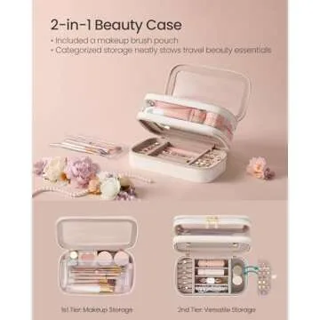 SONGMICS Makeup Bag with Mirror, with Jewelry Storage, Travel Makeup Bag, with Separate Brush Storage Pouch, Transparent Window, 8.7 x 4.7 x 4.7 Inches, Gift Idea, Cloud White UJKA026W01