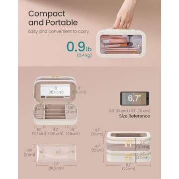 SONGMICS Makeup Bag with Mirror, with Jewelry Storage, Travel Makeup Bag, with Separate Brush Storage Pouch, Transparent Window, 8.7 x 4.7 x 4.7 Inches, Gift Idea, Cloud White UJKA026W01